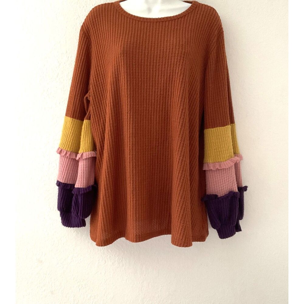 CY Fashion Colorblock Ruffle Sleeve Top Rust Large